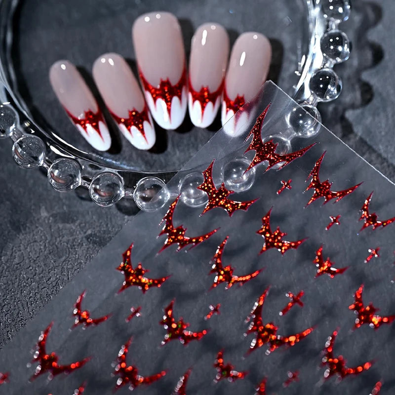 Halloween Red Bat Nail Art Stickers for French Design DIY Embossed Glitter Decals