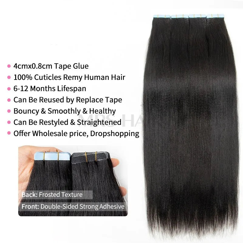 Light Yaki Tape-In Hair Extensions Human Remy Hair 12-26 Inch 20pcs