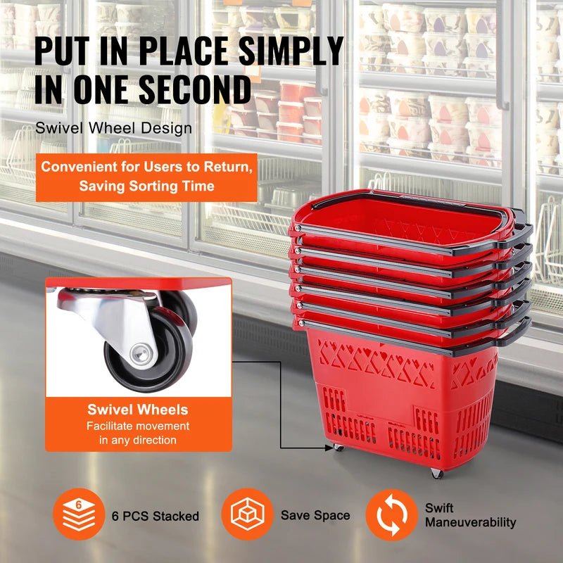 6-Pack Heavy-Duty Shopping Baskets with Wheels - 39L Capacity, Portable Grocery Carts