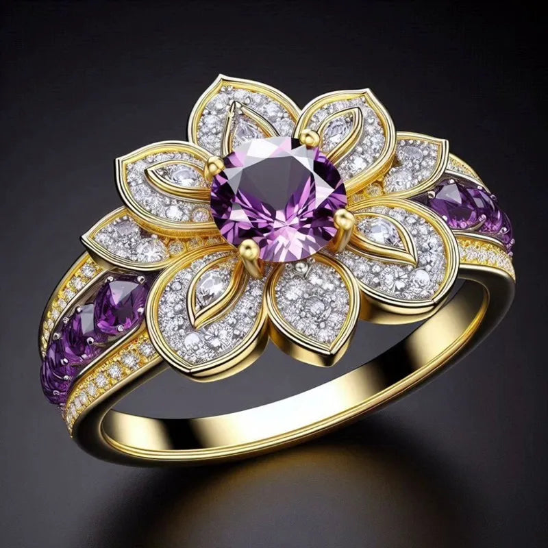 Gold Color Flower Ring with Purple Cubic Zirconia - Engagement & Party Jewelry