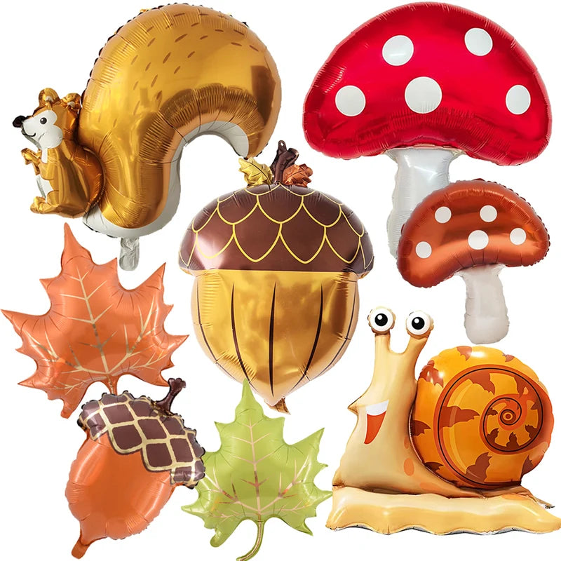 Thanksgiving Foil Balloons Party Decor Set - Squirrel, Mushroom, Leaf, Gift