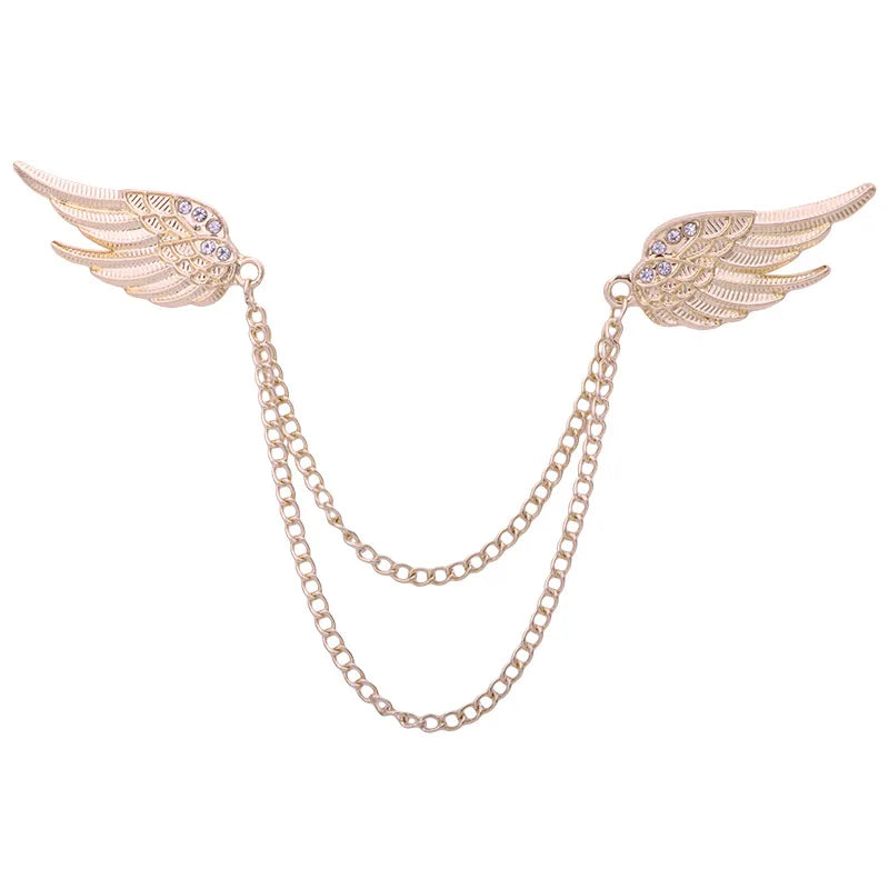 Crystal Angel Wing Brooch Lapel Pin Chain Accessories for Men Women