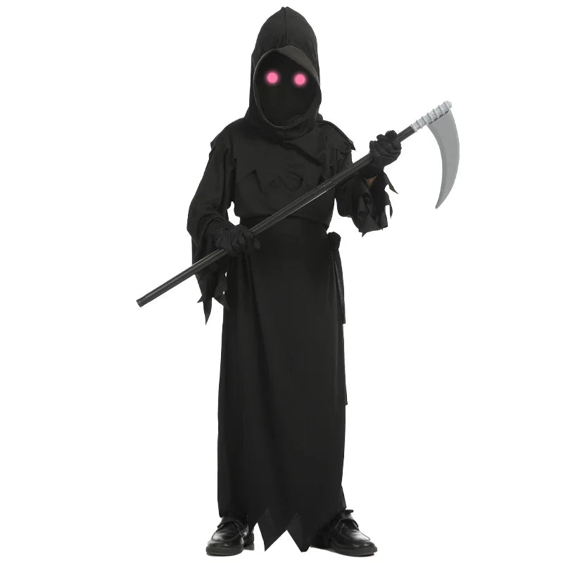 Halloween Grim Reaper Skeleton Costume for Children with Glowing Eyes & Scythe Props