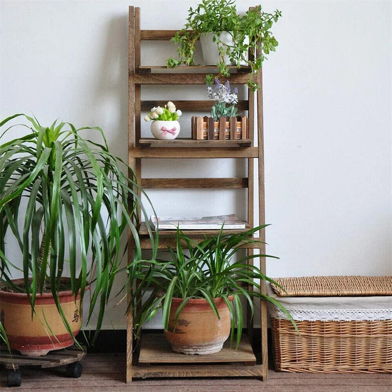Folding 4-Tier Wooden Ladder Shelf - Indoor Plant & Storage Rack