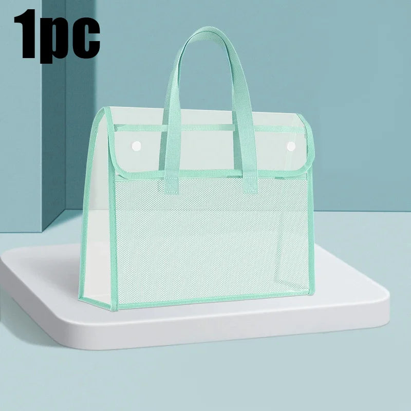 Clear Green PVC Tote Bag with Multiple Pockets for School & Office Storage