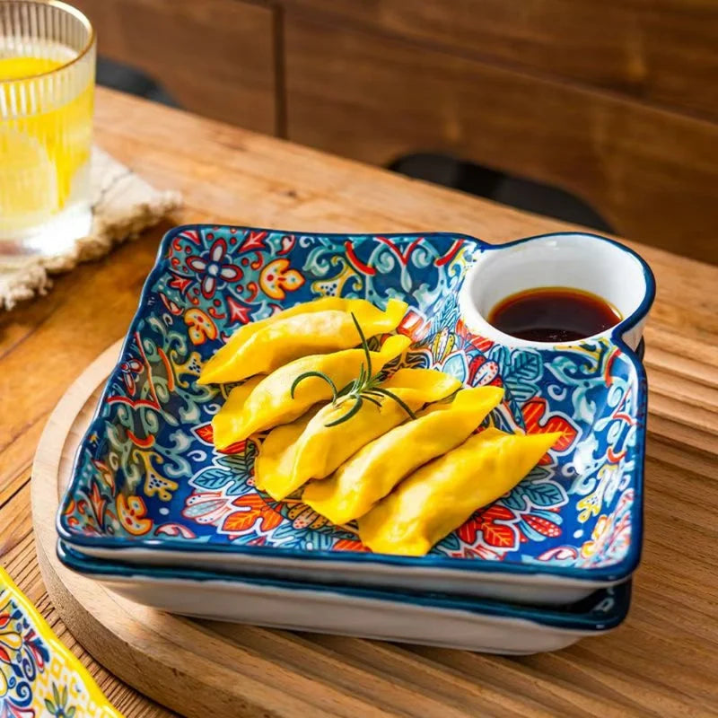 Bohemian Ceramic Dumpling Plate with Vinegar Dish - Segmented Breakfast Serving Plate