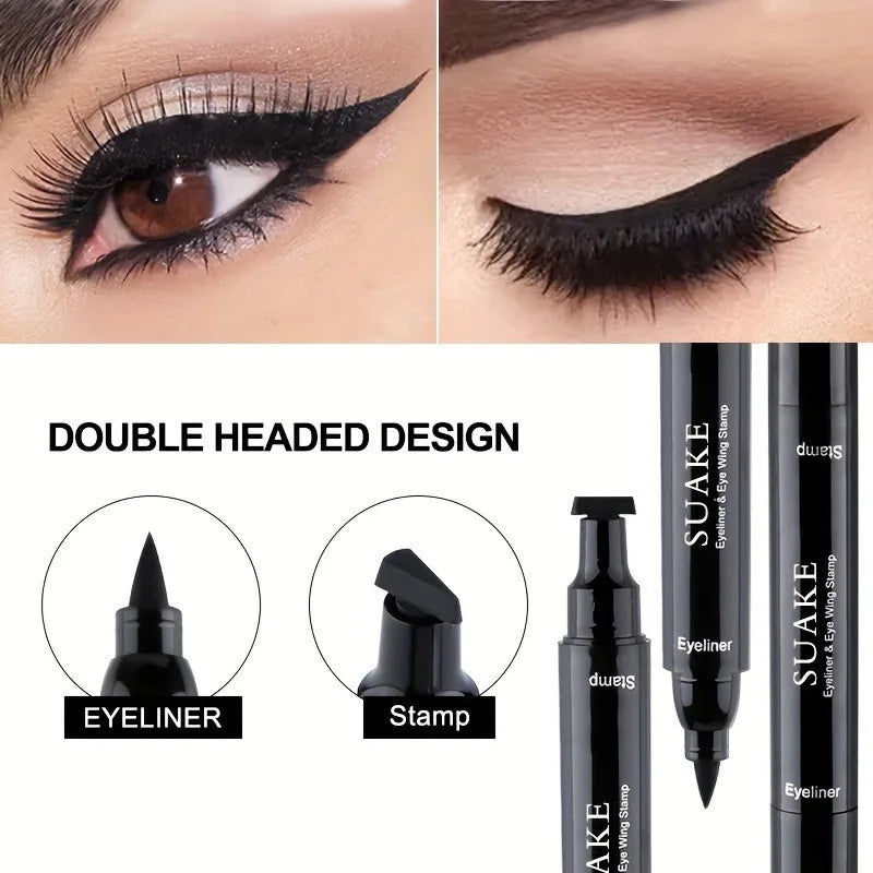 Double-Ended Waterproof Eyeliner Pen with Heart & Star Stamp - Quick-Dry Liquid Eye Makeup
