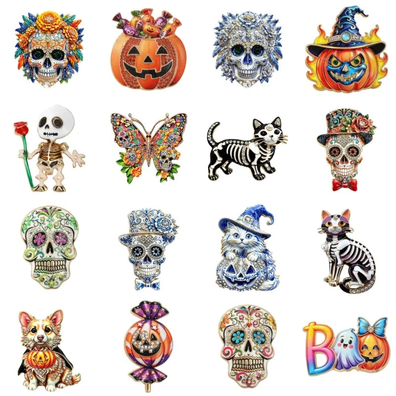 Halloween Sugar Skull Enamel Brooch Gothic Pumpkin Skeleton Cat Lapel Pin Jewelry Gift