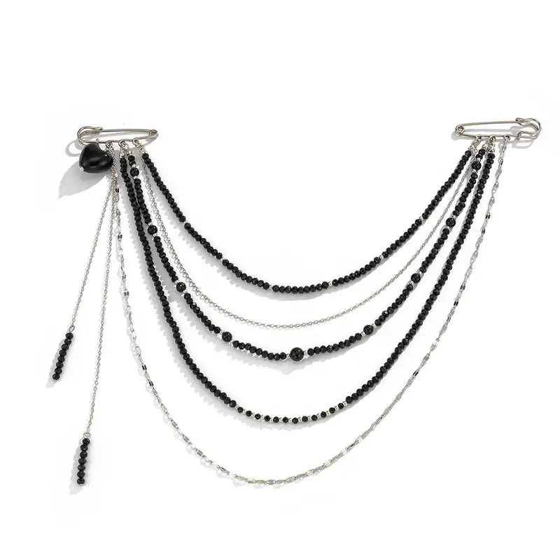 Black Crystal Bead Brooch for Women Multi-Layer Copper Chain Vintage Jewelry