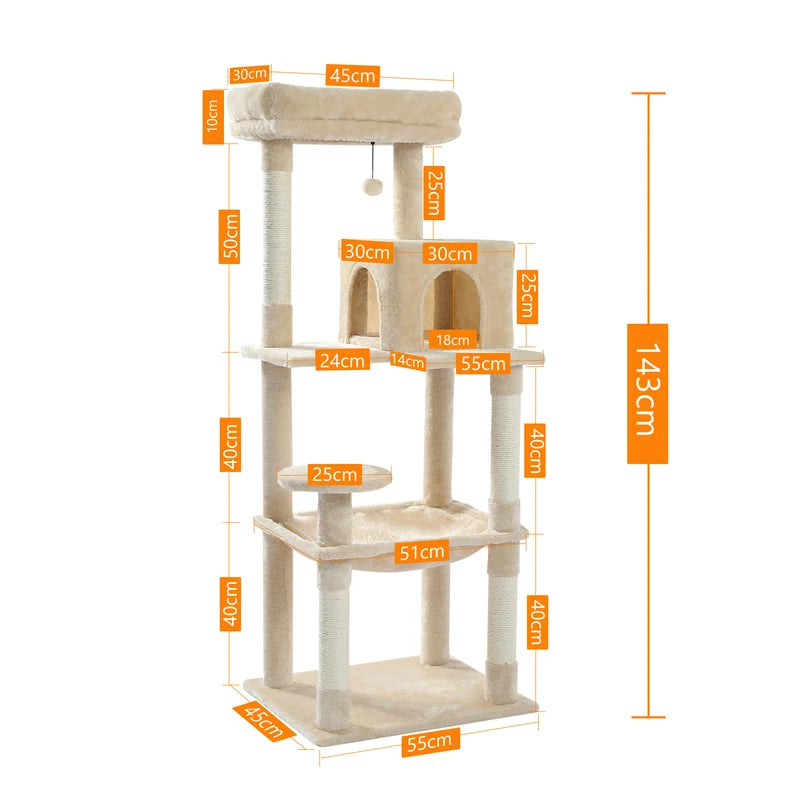 Multi-Level Cat Tree Tower for Indoor Cats with Large Hammock & Sisal Posts