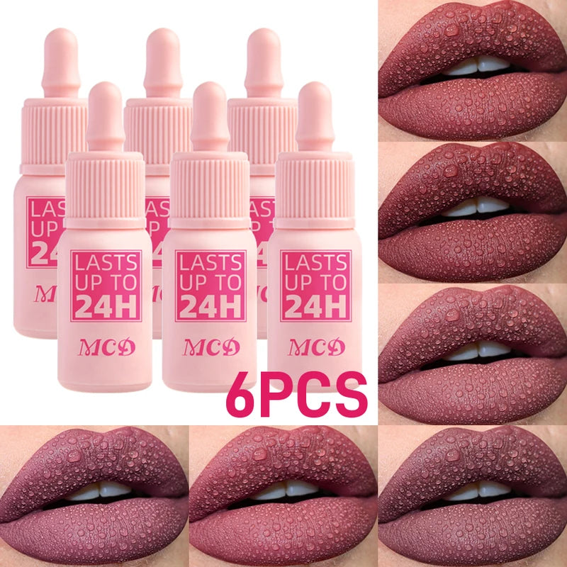 Matte Waterproof Lip Gloss Set - 6 Nude Red Rose Lip Tints for Women