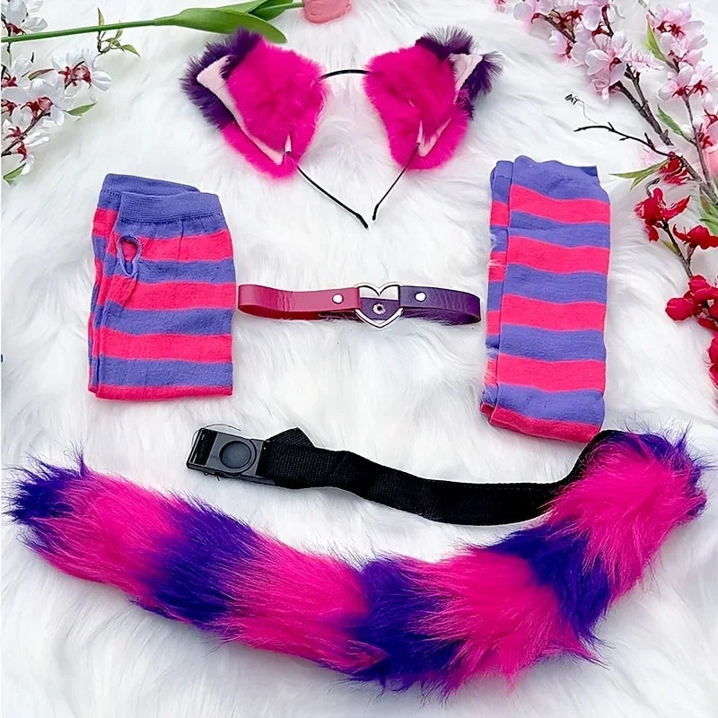 Role Playing Costume Set with Stripes Furry Tail Gloves Socks for Halloween