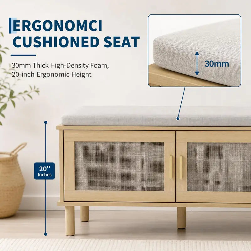 Rattan Shoe Storage Bench with Cushion - Adjustable Shelves & Hidden Organizer