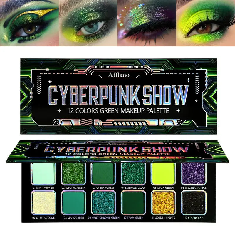 Vegan Multichrome Eyeshadow Palette - 12 Green & Shimmer Shades for Creative Looks