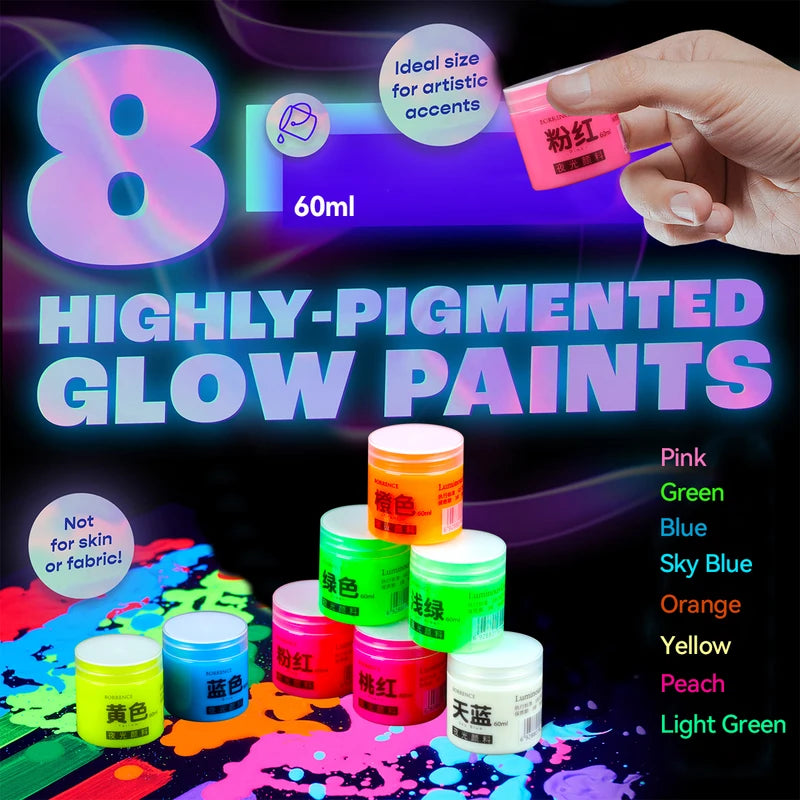 60ml Fluorescent Acrylic Paint Set - Glow in Dark Art & Craft Supplies