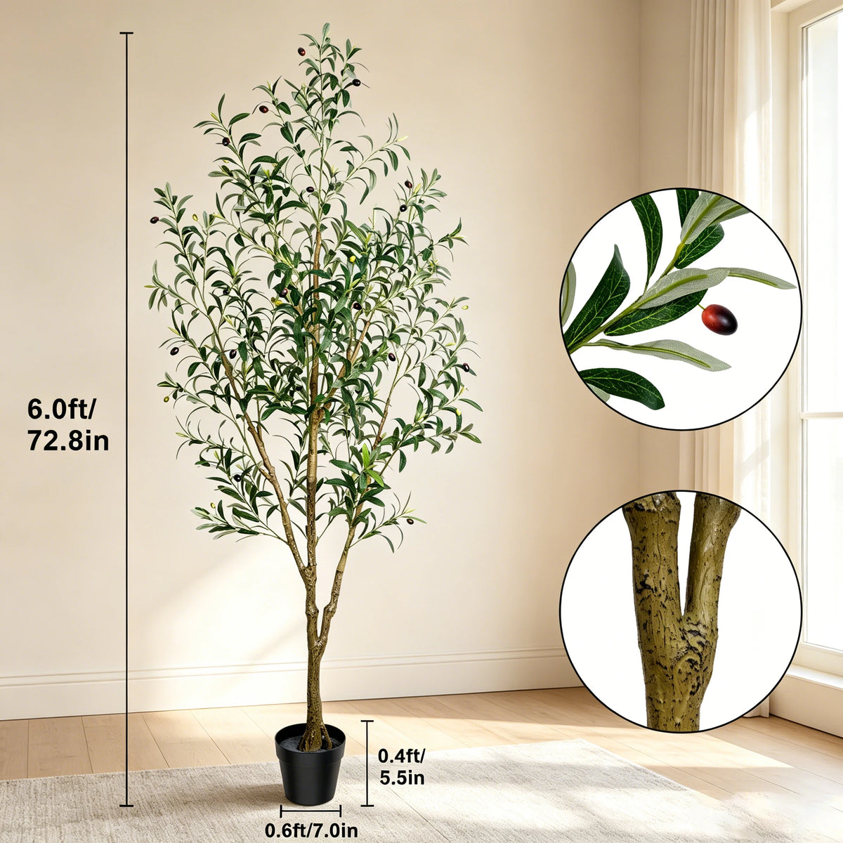 Artificial Olive Tree Indoor Floor Plant - 5.25FT, 6.10FT, 7.10FT Tall Faux Tree with Natural Trunk and Lifelike Fruits