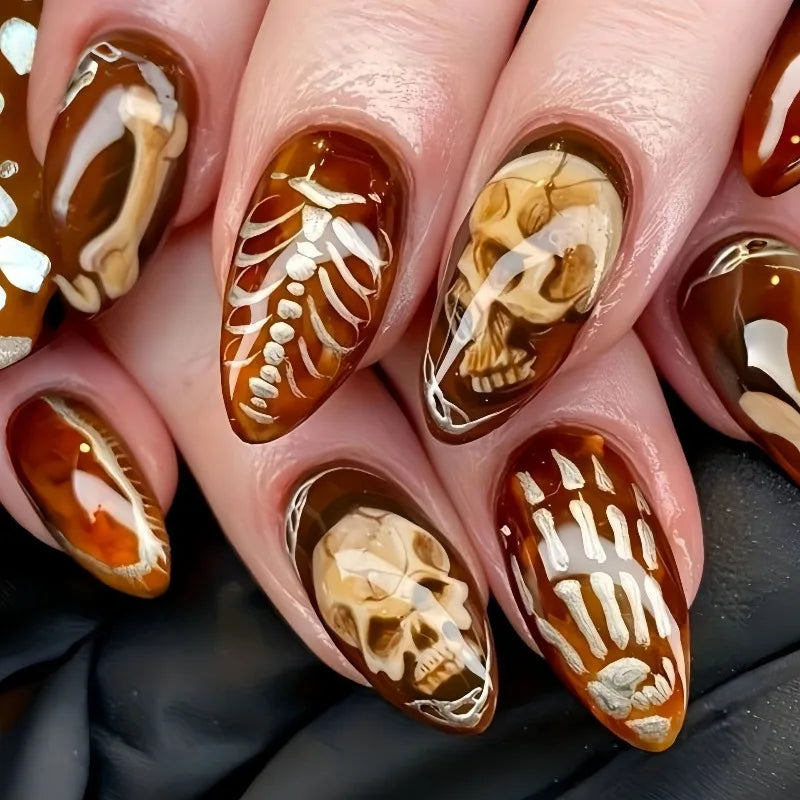 24 Pcs Halloween False Nail Set with Tools - Realistic Almond Stick-On Nails for Women