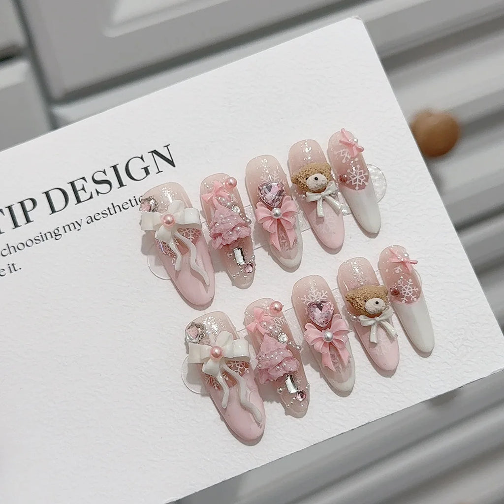 10 Pcs Long Fake Nails with Cute 3D Rabbit French Style White Tips - Handmade Press On Nails