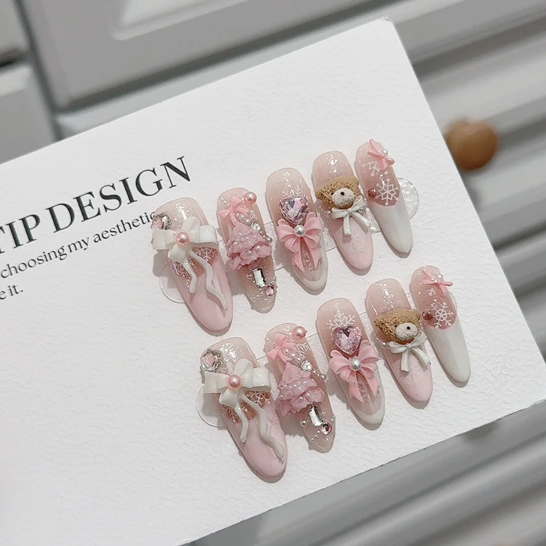 10 Pcs Long Fake Nails with Cute 3D Rabbit French Style White Tips - Handmade Press On Nails