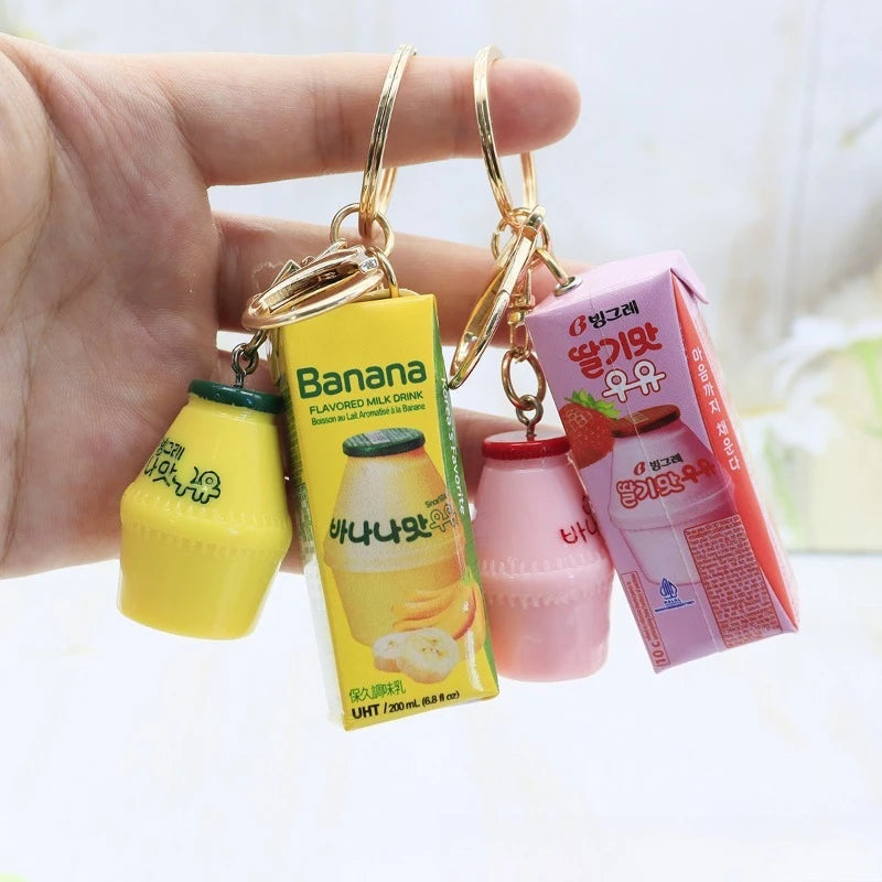 Faux Milk Keychain Set Bag Charm Resin Fruit Drink Accessories