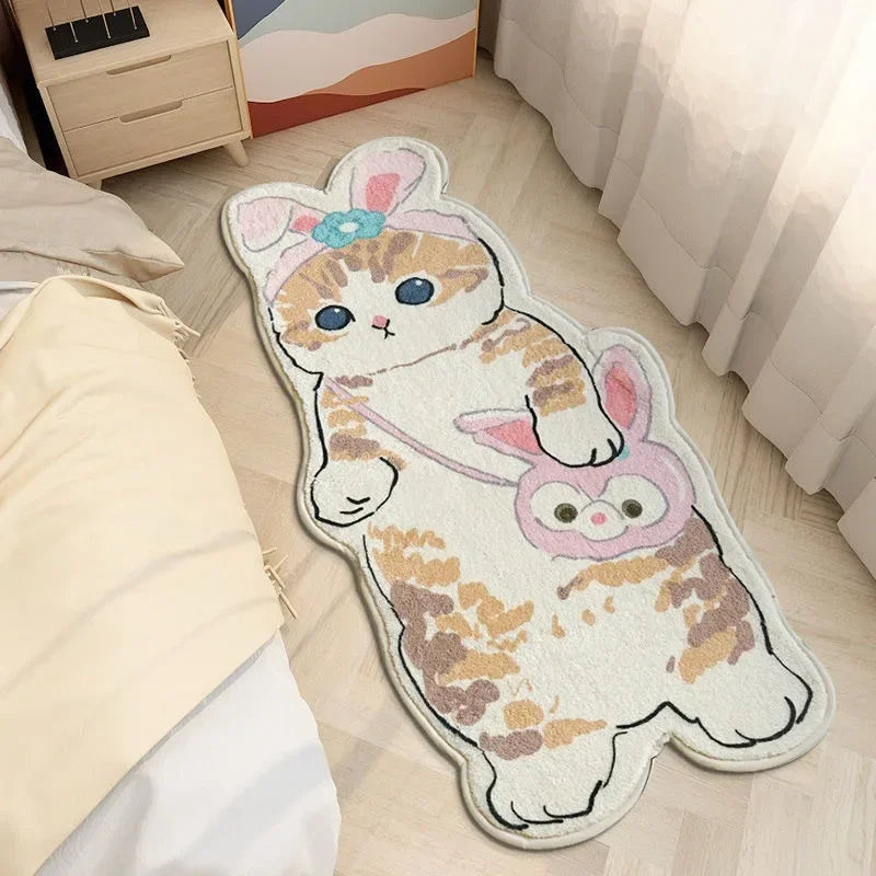 Cute Cartoon Cat Floor Mat for Living Room Bedroom Bedside Absorbent Blanket
