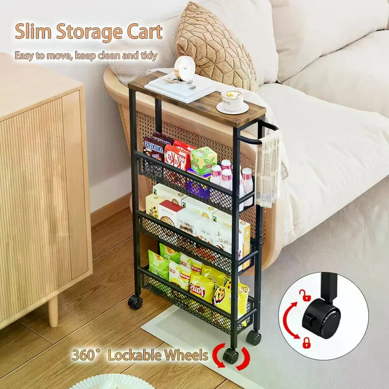 Slim Narrow Rolling Cart with 4 Tiers and Metal Handle for Small Space Storage