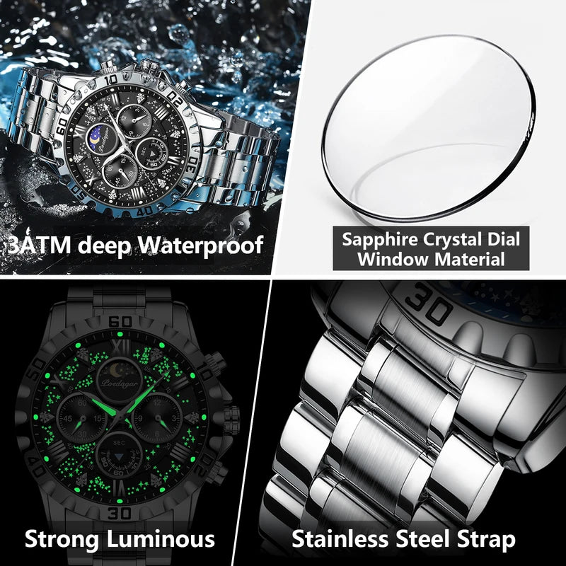 Men's Waterproof Luminous Stainless Steel Quartz Chronograph Wristwatch - Military Style
