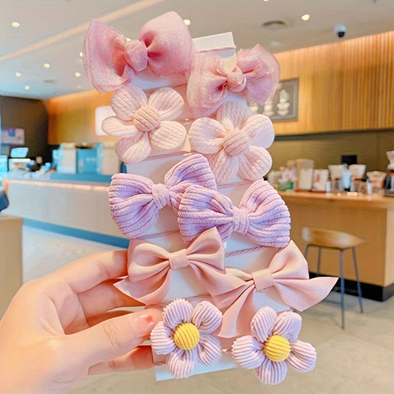 Cute Bow Flower Hair Ties Set - Strong Elastic Ponytail Holders 10 pcs