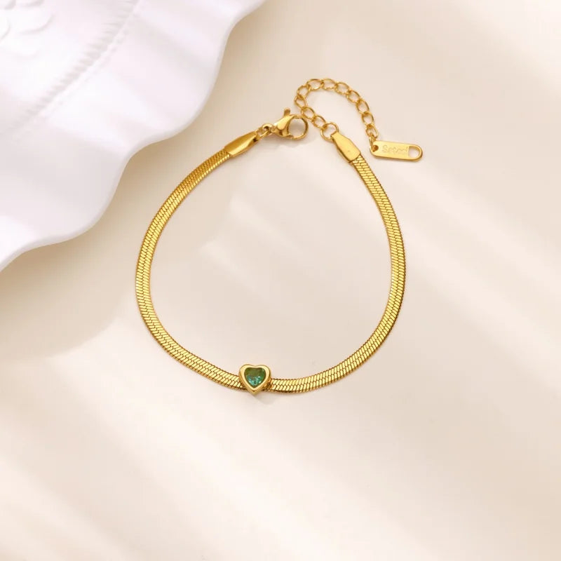 Heart Charm Zircon Birthstone Bracelet for Women Gold Tone Stainless Steel Jewelry Gift
