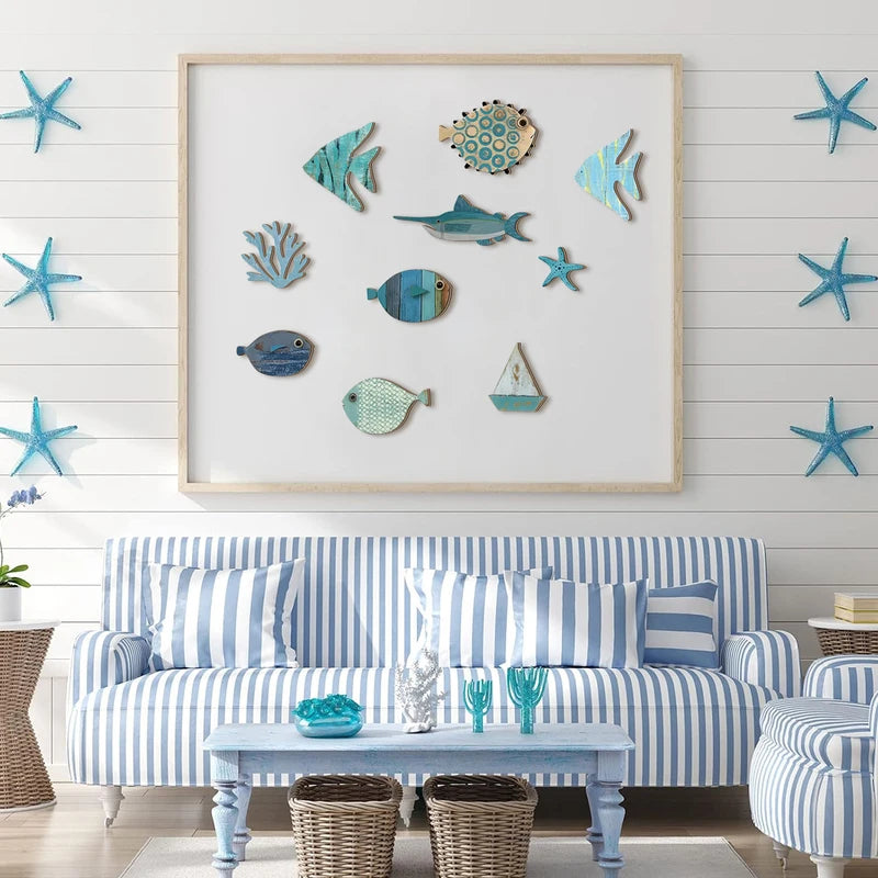 Handcrafted Wooden Ocean Wall Art Set with Fish Coral Starfish Sailboat Coastal Decor