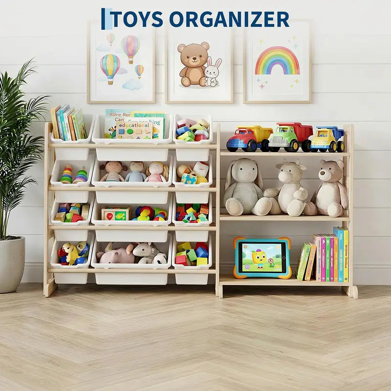 Kids Toy Storage Organizer with 12 Bins and Open Shelves - 56-Inch Wooden Bookcase