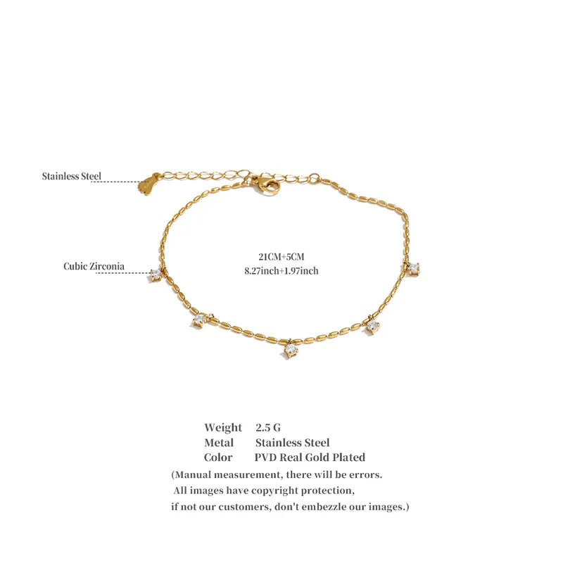 Stainless Steel Chain Anklet for Women Zirconia Drop Foot Jewelry Summer Beach Waterproof Accessory