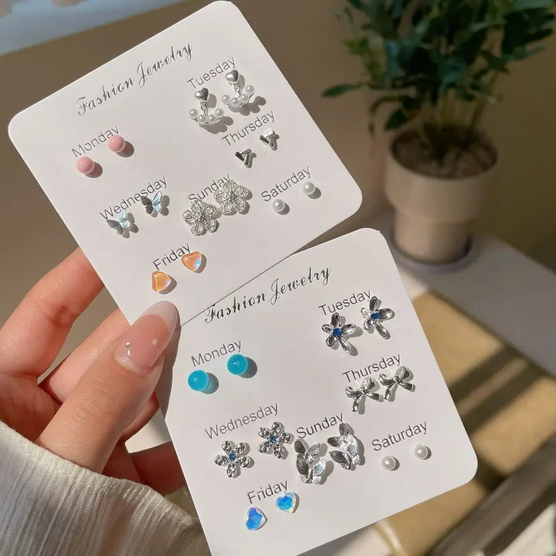 Sea Blue Bean Geometric Ear Stud Set Small Flower Butterfly Jewelry Pack