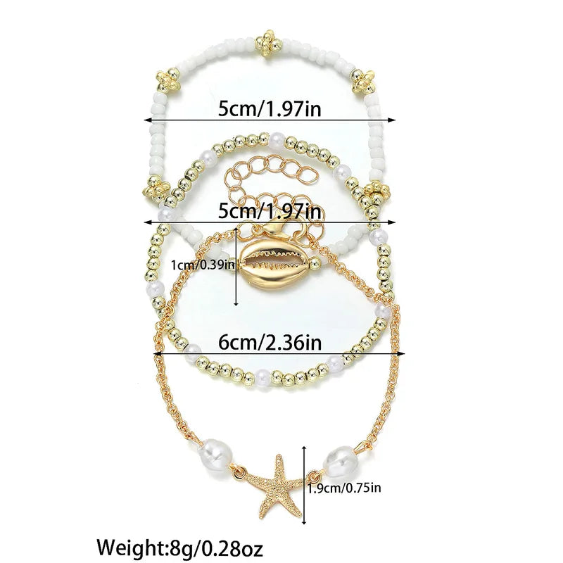 Summer Shell Bracelet Set for Women Boho Starfish Pearl Beads Chain Jewelry Gift