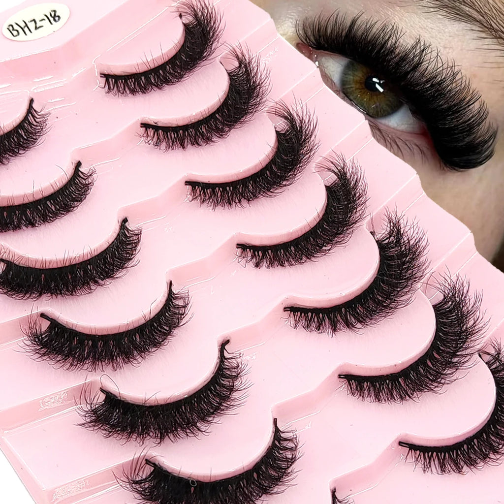 Fluffy Faux Mink False Eyelashes 5/7 Pairs Wispy Natural Look Thick Volume Curly