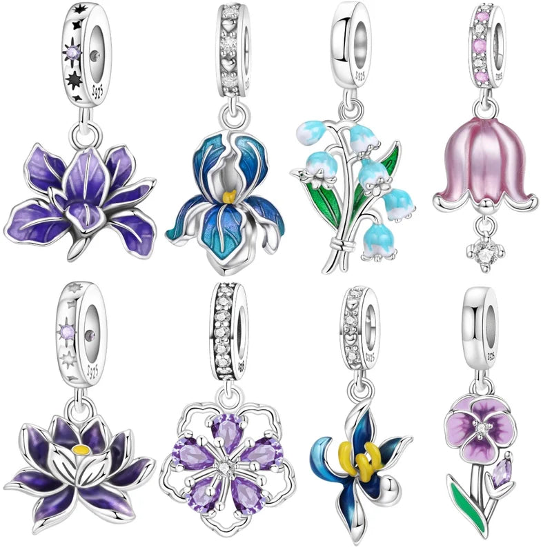 Sterling Silver Flower Pendant Charms for Jewelry Making - Purple Iris