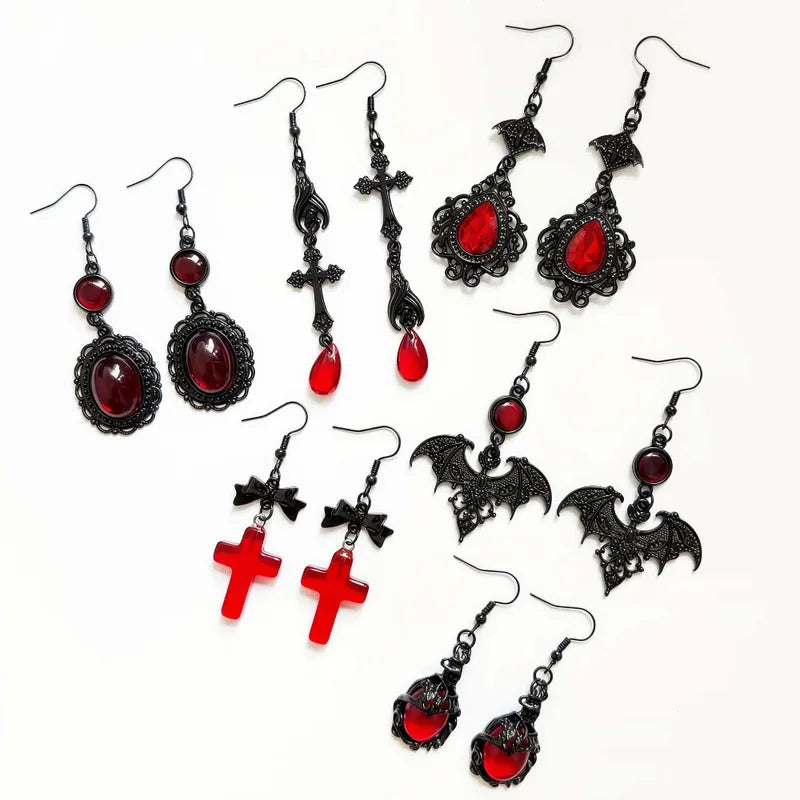 Gothic Vampire Bat Cross Earrings for Men Women Halloween Jewelry - Deep Red Glass Crystals