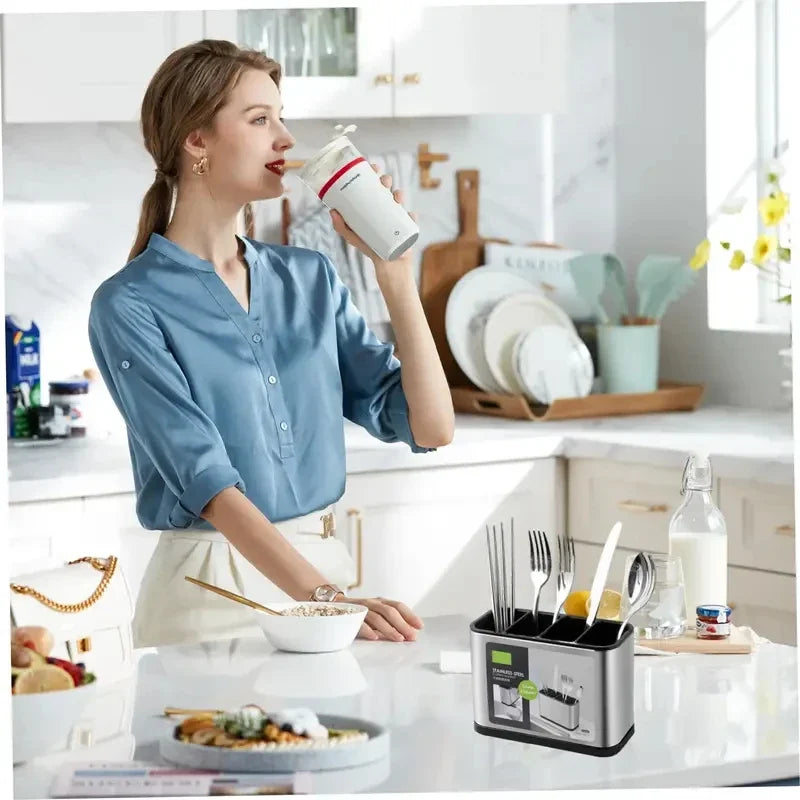 Stainless Steel Kitchen Utensil Caddy Organizer with Drain Holes and Non‑Slip Base