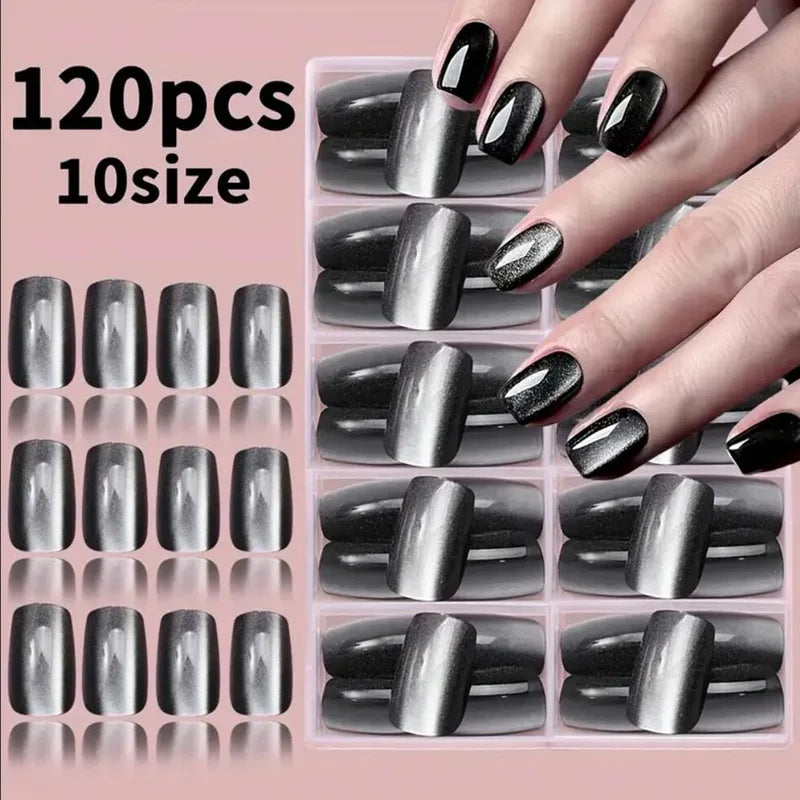 120Pcs Black Cat Eye Fake Nails Glossy Short Square Press-On Manicure Halloween