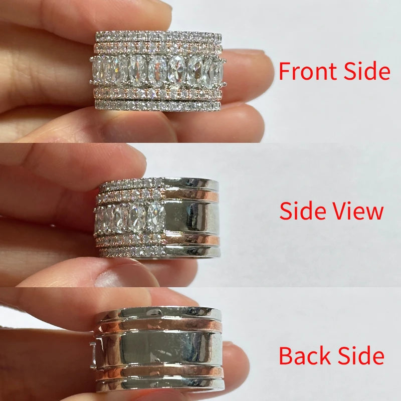 Luxury Two-Tone Wide Ring for Women Cubic Zirconia Party Jewelry