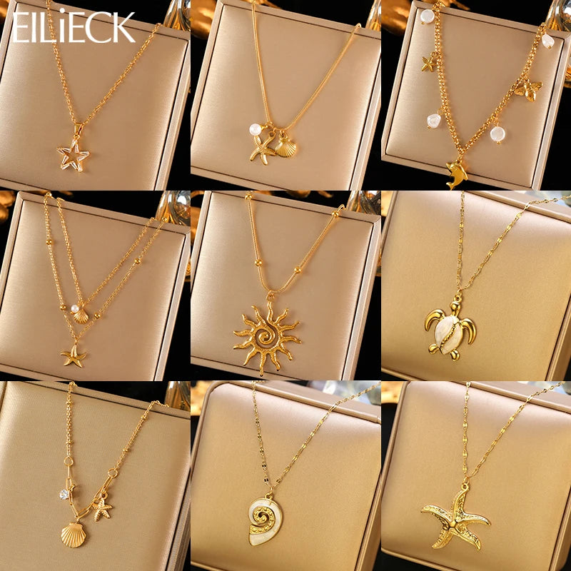 Ocean-Inspired Pearl Shell Starfish Sun Charm Necklace for Women – Gold Plated Handmade Jewelry