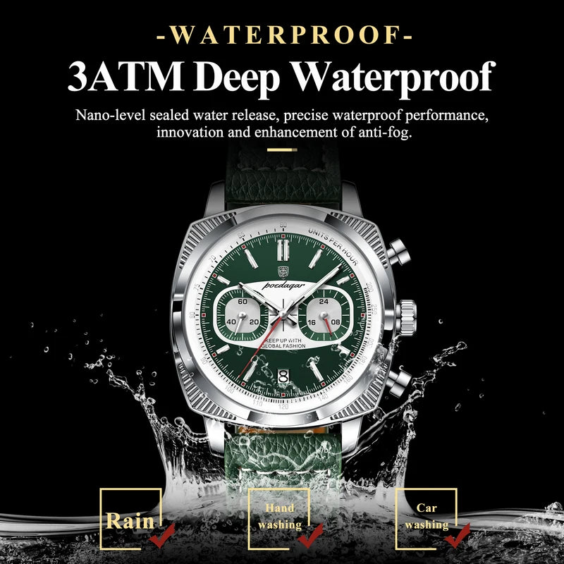 Men's Waterproof Luminous Chronograph Quartz Watch with Leather Strap