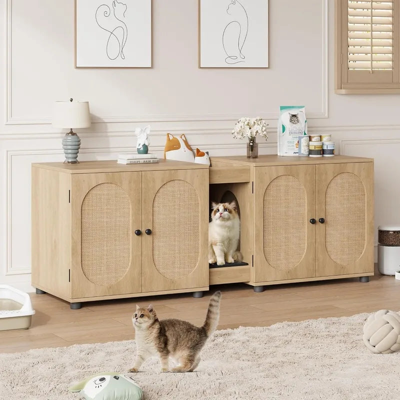 Large Multi-Cat Hidden Litter Box Enclosure with Rattan Doors & Storage