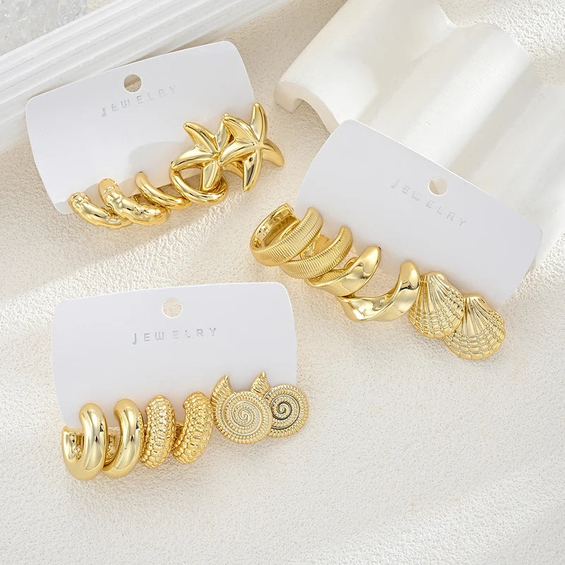Vintage Gold Plated Ocean Earring Set with Starfish Shell Conch Textured Hoops for Women Summer Beach Jewelry