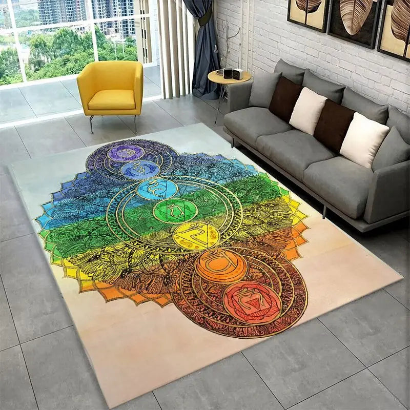 Rainbow Chakra Yoga Mandala Meditation Rug Non-slip Floor Mat for Bedroom & Living Room