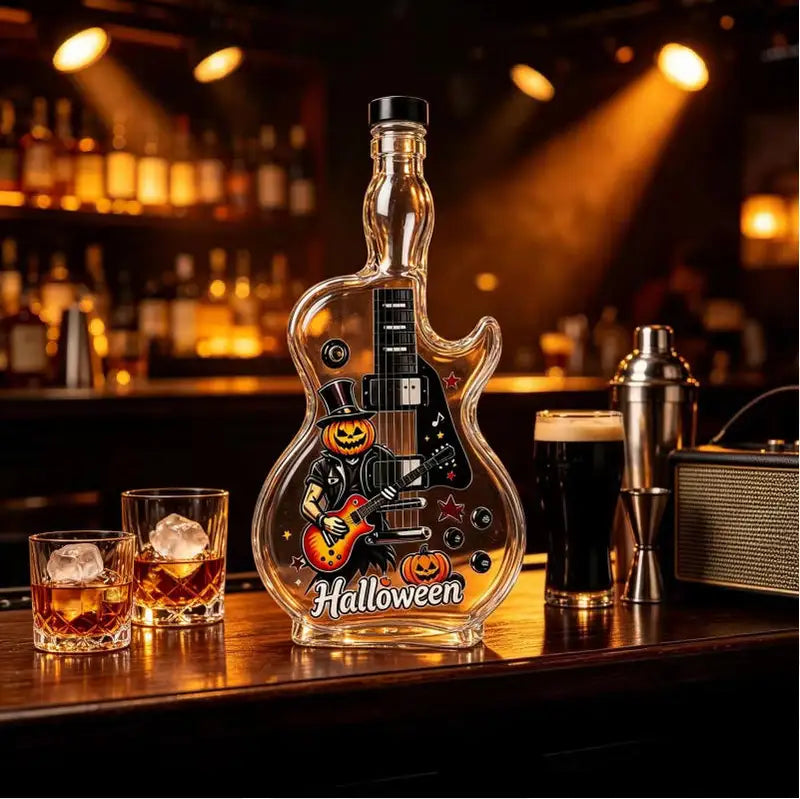 Halloween Guitar Shaped Whiskey Decanter with Pumpkin Print - Lead-Free Crystal Liquor Bottle, Home Bar Decor