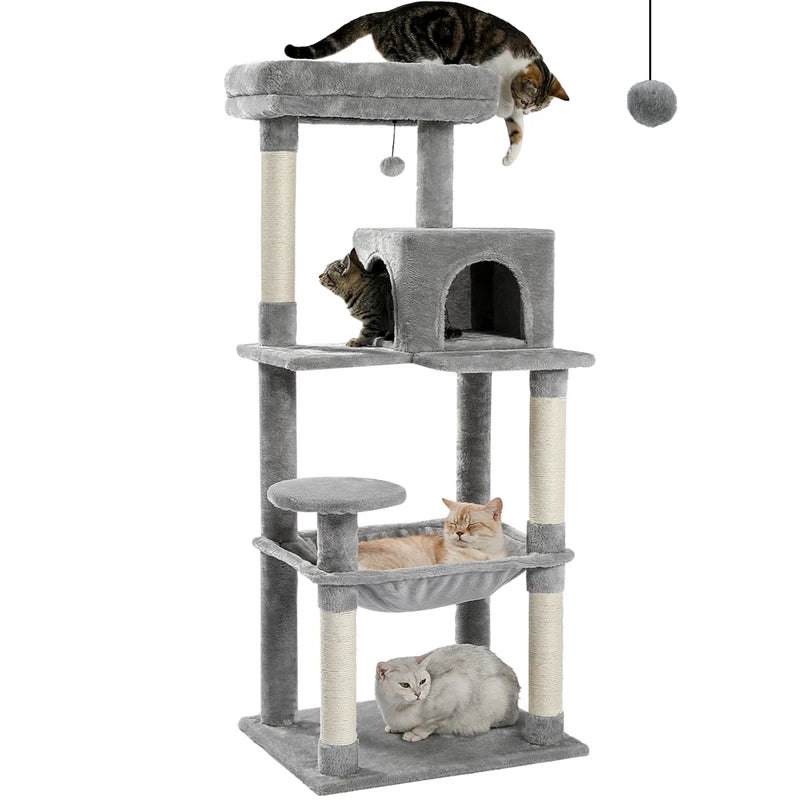 Multi-Level Cat Tree Tower for Indoor Cats with Large Hammock & Sisal Posts