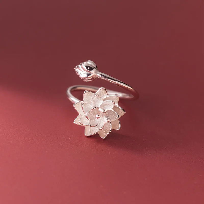 925 Sterling Silver Lotus Flower Adjustable Ring for Women Wedding Engagement Jewelry