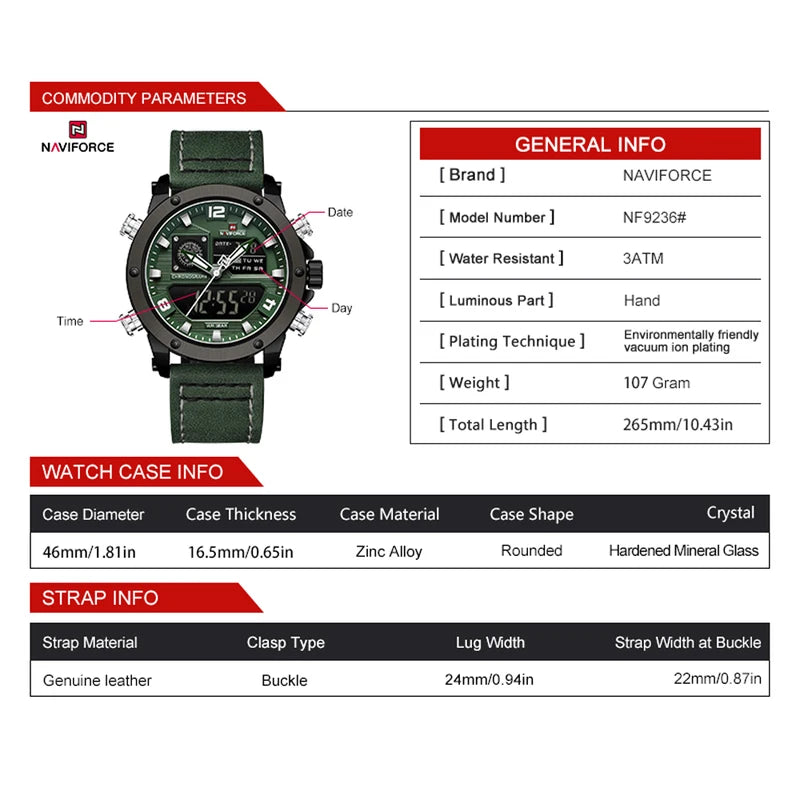 Men's Digital Leather Wrist Watch Dual Display Waterproof Quartz Sport Watch
