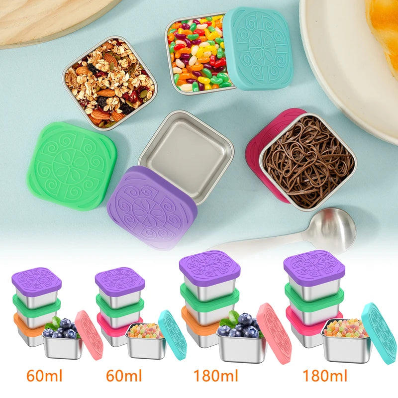 Stainless Steel Snack Containers with Silicone Leakproof Lids - 4 Pack, Portable Food Storage